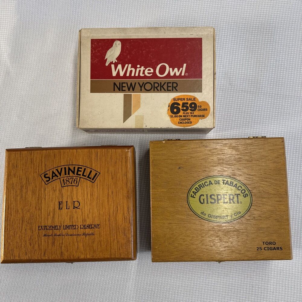 3 Vintage Empty Cigar Boxes Lot - White Owl New Yorker, Savinelli 1876, Gispert